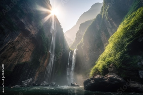 majestic waterfall, with the sun shining through its misty spray, against the backdrop of mountain peaks, created with generative ai