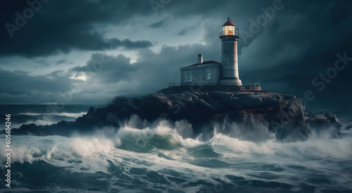 Stormy high waves over the lighthouse on a cloudy day. Generative AI