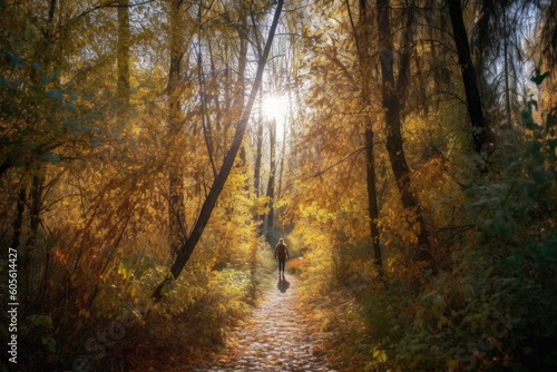 person, walking through autumn forest, with the sun shining through the trees, created with generative ai
