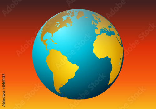 Planeta Tierra con los continentes en amarillo por la sequía, agua azul  y de fondo una ola de calor. Sequía. Calentamiento global. Ola de calor. Crisis climática