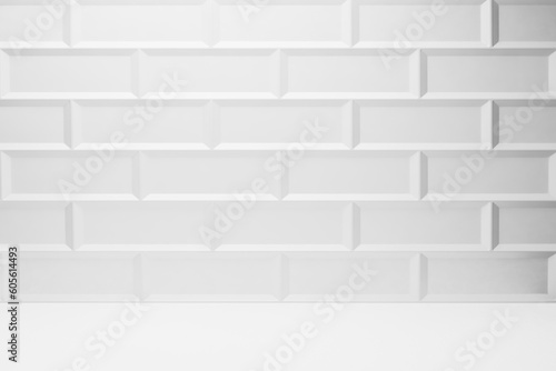 White soft light bright abstract stage mockup with white glossy ceramic rectangle tile as wall with light gradient, mockup for presentation cosmetic products, goods, design. Blank abstract interior.