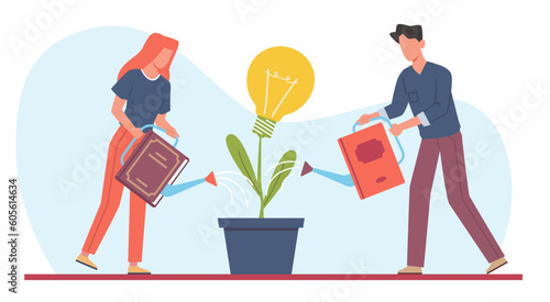 Growing creating idea, people water lightbulb with knowledge from books. Education for new project. Man and woman watering creative plant. Cartoon flat style isolated vector concept