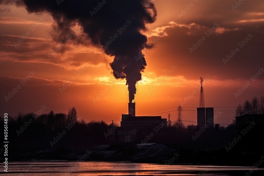 smokestack emitting thick, black smoke in dramatic sunrise or sunset, created with generative ai