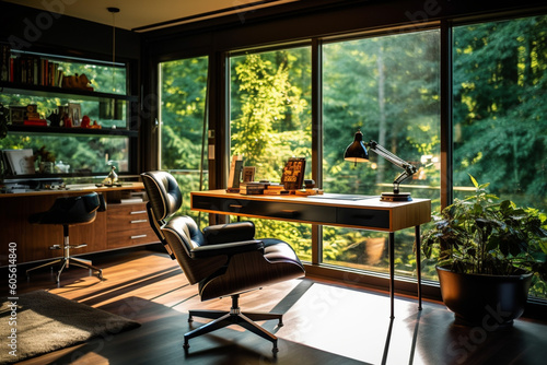 luxury home office with a view into nature, generative ai