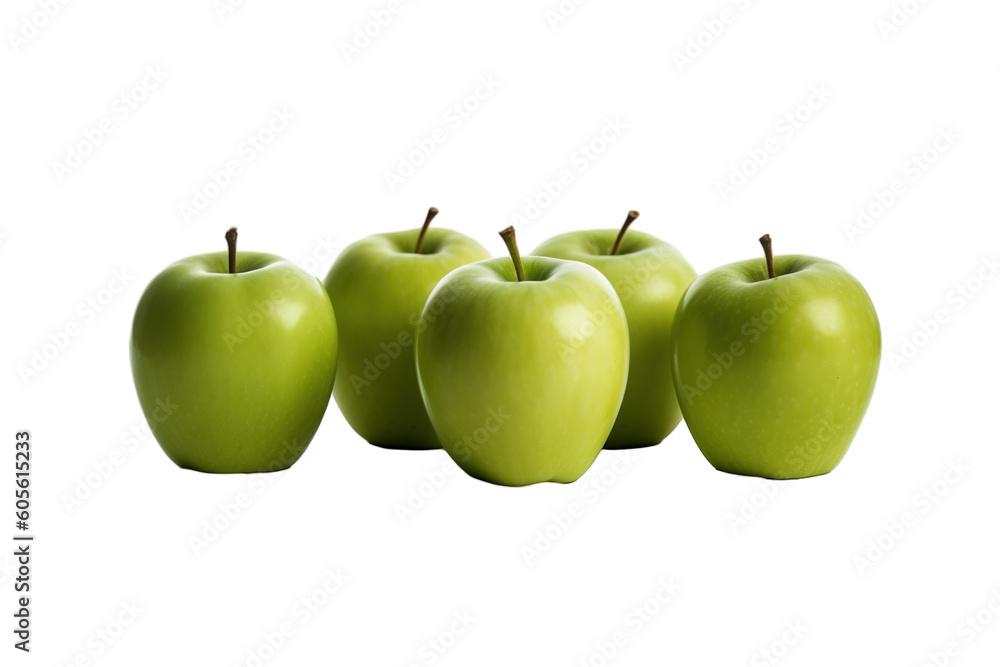 Green apples with leaves isolated PNG background. Healthy food concept. Green apples with leaves isolated PNG background. Healthy food concept.