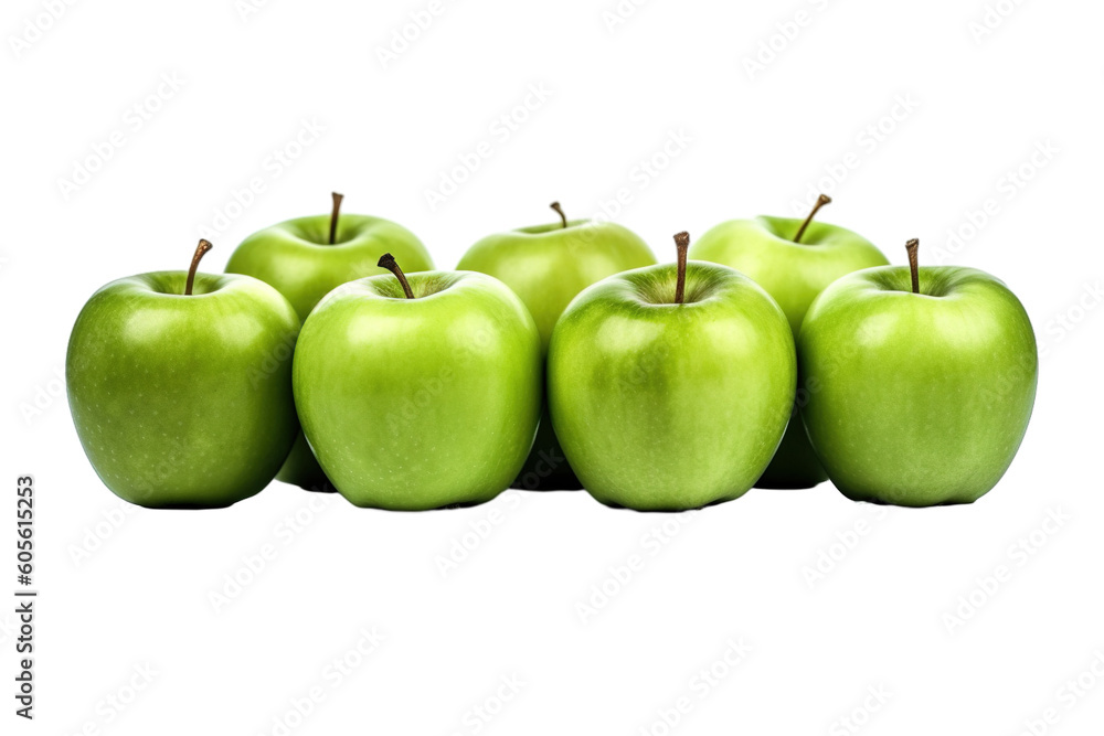 Green apples with leaves isolated PNG background. Healthy food concept. Green apples with leaves isolated PNG background. Healthy food concept.