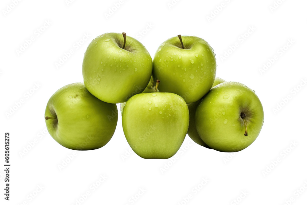 Green apples with leaves isolated PNG background. Healthy food concept. Green apples with leaves isolated PNG background. Healthy food concept.