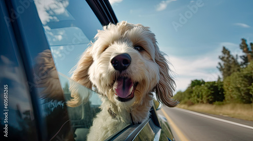 Perro cavachon disfrutando del coche y el viaje, IA Generativa photo
