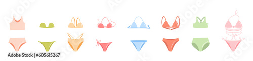 Female swimsuits set. Doodle bikini collection. Modern minimalistic lingerie and swimwear pieces. Vector illustration isolated on white background