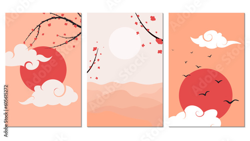 set of posters minimalistic style with eastern landscape