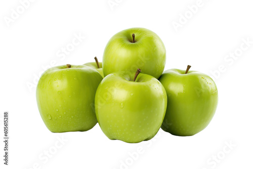 Green apples with leaves isolated PNG background. Healthy food concept.