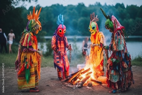 aliens dressed in colorful garments, dancing around bonfire at midsummer festival, created with generative ai