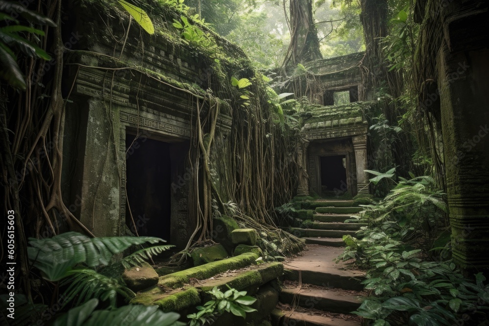 ancient ruins that have been swallowed by jungle, hidden from the eyes of civilization, created with generative ai