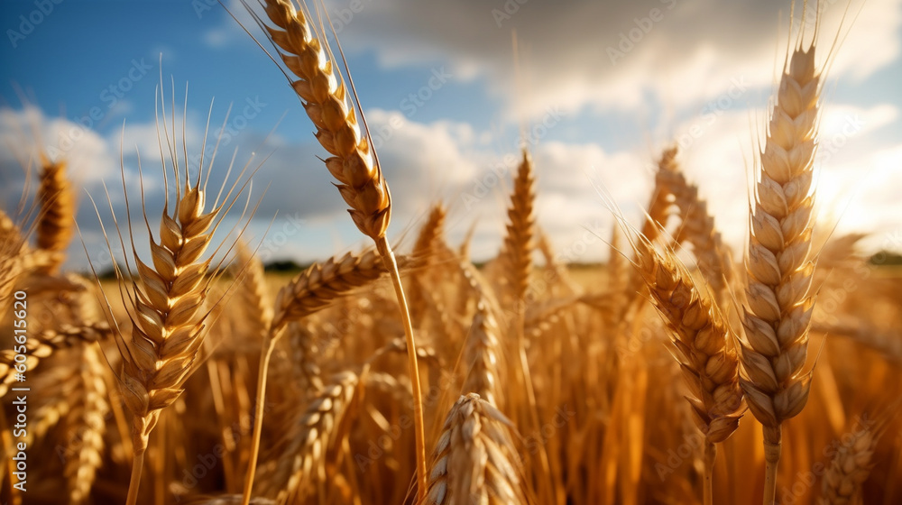 Wheat field with a sunset in the background