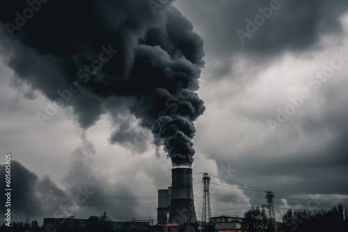factory chimney spewing black smoke into gray sky, created with generative ai