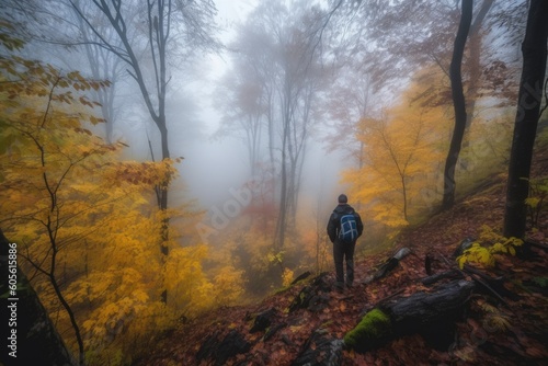 autumn forest hike with crunching leaves and misty fog, created with generative ai
