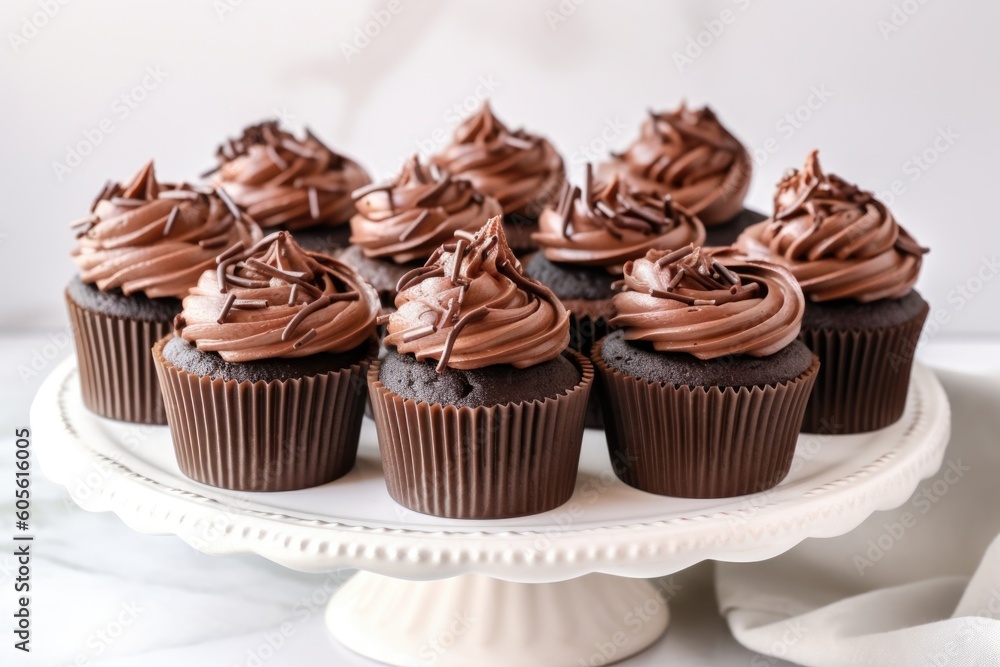 a dozen chocolate cupcakes displayed on a white cake stand, created with generative ai a dozen chocolate cupcakes displayed on a white cake stand, created with generative ai