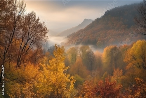 autumn forest with foggy morning light, view of the mountain range in the background, created with generative ai © Natalia