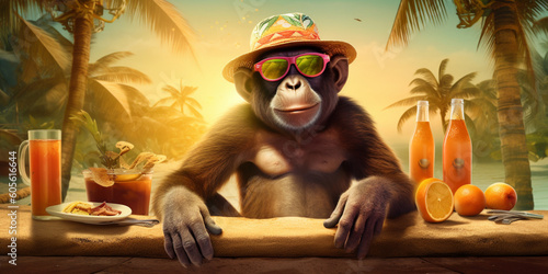 Monkey in a hat and sunglasses on the sea beach with a cocktail, summer vacation ai generated © Lubov