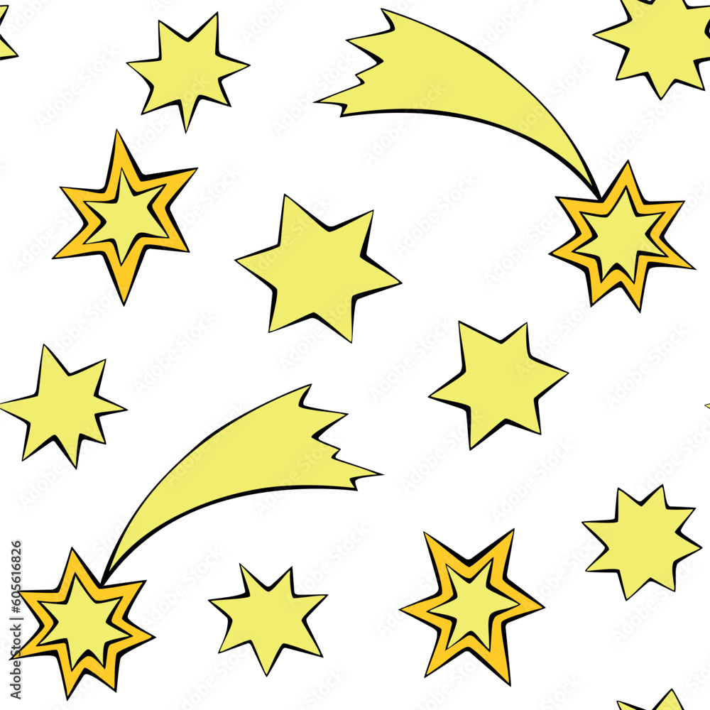 Seamless pattern of yellow stars in doodle flat style. Simple color background and texture on theme of night sky, space, astronomy, kids design Seamless pattern of yellow stars in doodle flat style. Simple color background and texture on theme of night sky, space, astronomy, kids design