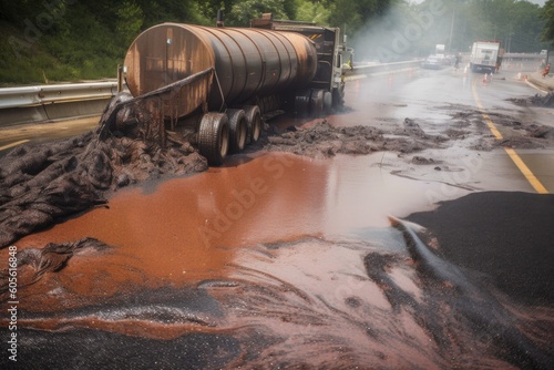 toxic sludge spilled from overturned tanker truck, polluting the roadside, created with generative ai