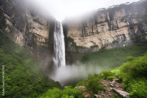 majestic waterfall tumbling over ancient cliff face  with mist rising into the air  created with generative ai