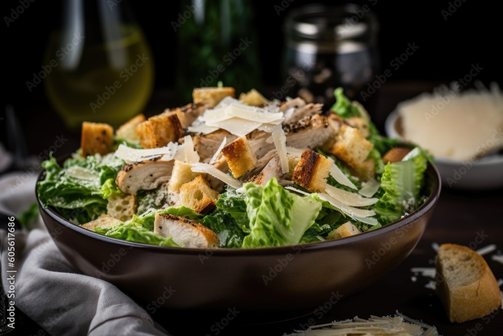 bowl of chicken caesar salad, topped with croutons and parmesan cheese, created with generative ai bowl of chicken caesar salad, topped with croutons and parmesan cheese, created with generative ai