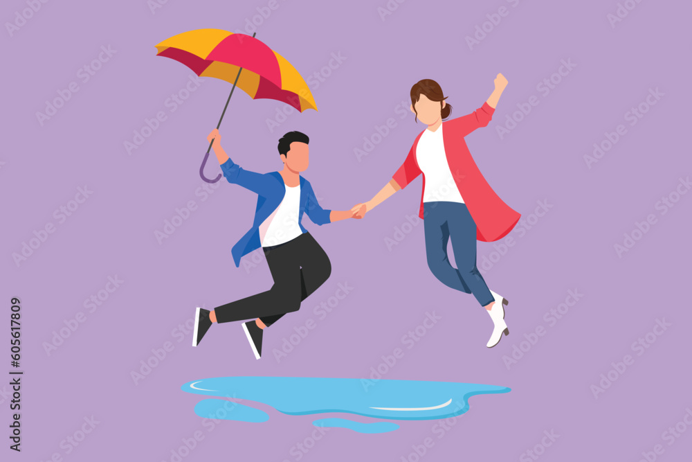 Character flat drawing of couple in love walking under rain with umbrella. Man and woman walking along city street and jumping. Married couple romantic relationship. Cartoon design vector illustration