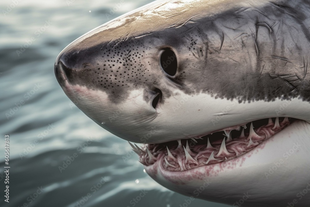 Closeup of great white shark in South Africa shows eye, nostril, and