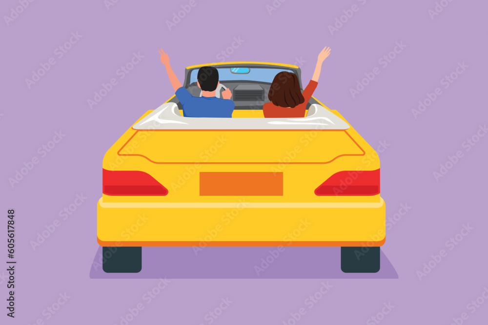 Character Flat Drawing Back View Of Happy Free Couple Driving Cabriolet