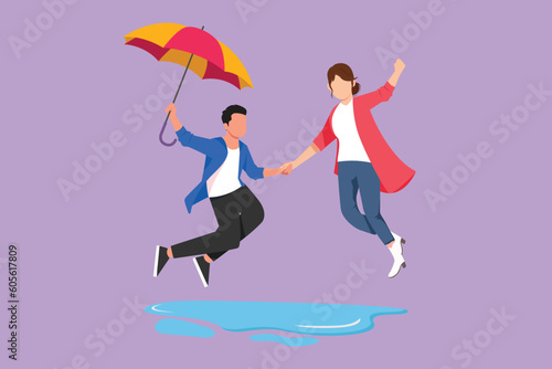 Character flat drawing of couple in love walking under rain with umbrella. Man and woman walking along city street and jumping. Married couple romantic relationship. Cartoon design vector illustration