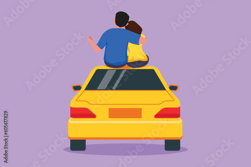 Graphic flat design drawing back view of loving romantic couple sitting on top of vintage car. Happy couple getting ready for wedding. Engagement and love relations. Cartoon style vector illustration