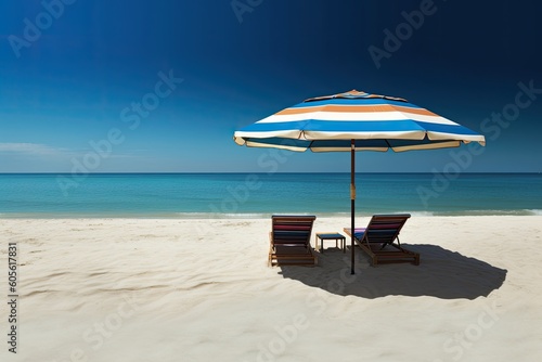 Summer relaxation vacation. Beach umbrella with sun loungers overlooking the sea. Generative AI