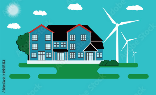 Vector illustration  Green modern house with solar panels and wind turbine. Eco friendly alternative energy. Ecosystem Infographics. Flat vector illustration blue sky