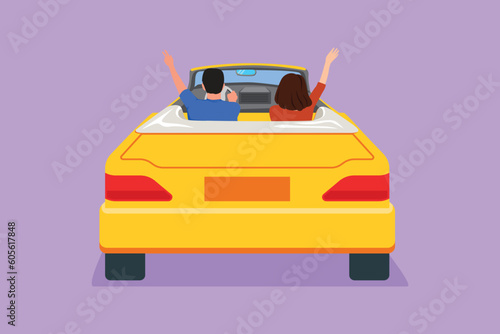 Character flat drawing back view of happy free couple driving cabriolet car in night city cheering joyful with arms raised. Romantic couple summer vacation travel. Cartoon design vector illustration