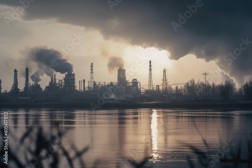 refinery with toxic mist floating in the air, created with generative ai