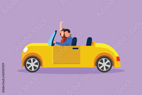 Cartoon flat style drawing of cute elegant couple on road trip in vintage retro car. Happy man and beautiful woman in vehicle. Married couple romantic relationship. Graphic design vector illustration