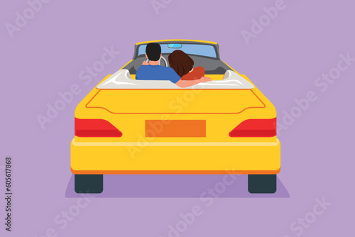 Cartoon flat style drawing back view loving couple sitting and hugging in convertible car. Happy man woman getting ready for wedding. Engagement and love relations Graphic design vector illustration