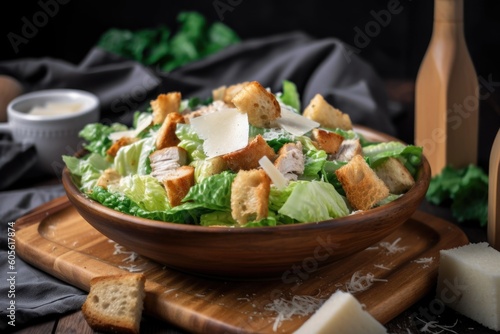 chicken caesar salad with croutons, parmesan cheese, and creamy dressing, created with generative ai