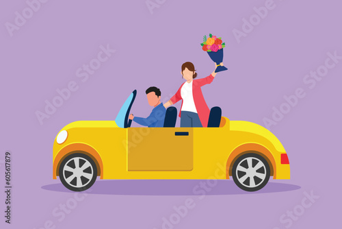 Character flat drawing cute newly married couple groom in vehicle. Happy handsome man and beautiful woman riding wedding car. Married romantic couple relationship. Cartoon design vector illustration