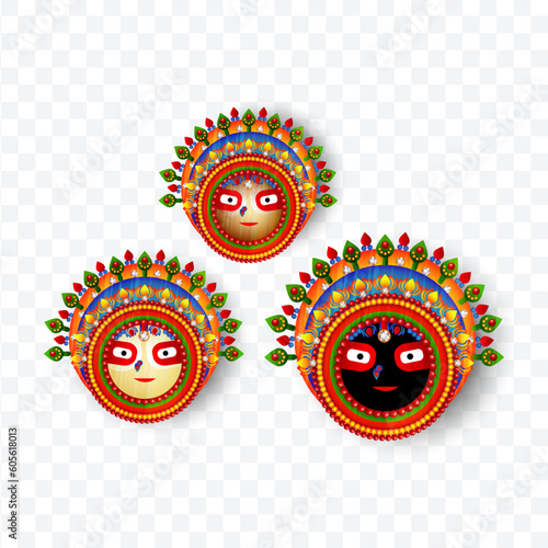 Vector illustration of lord Jagannath, Balabhadra and Subhadra on PNG background.