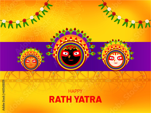 Colorful traditional Vector Illustration of Lord Jagannath, Balabhadra and Subhadra for the celebration of Rath yatra.