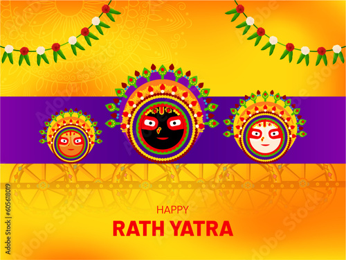 Colorful traditional Vector Illustration of Lord Jagannath, Balabhadra and Subhadra for the celebration of Rath yatra.