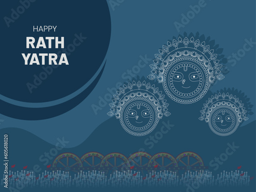 Happy Rath yatra vector design. Illustration of Lord Jagannath, Balabhadra and Subhadra line art.