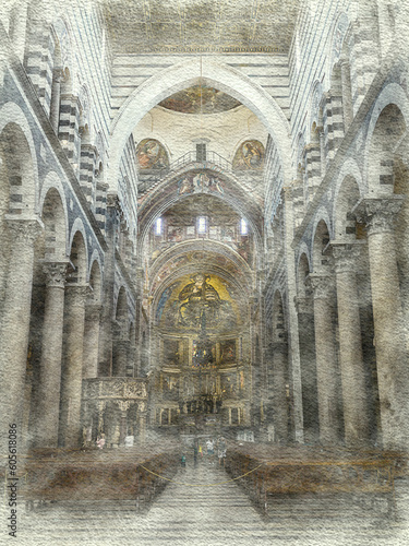 Watercolor of an architecture in Pisa in Italy