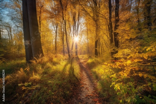 autumn forest trail, with view of the sun shining through the trees, created with generative ai © Natalia