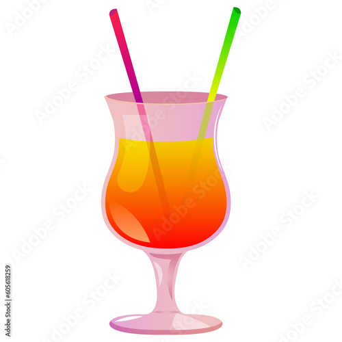 Summer cocktail in a high glass with a straw. Cartoon vector illustration soft and alcohol drink. 
