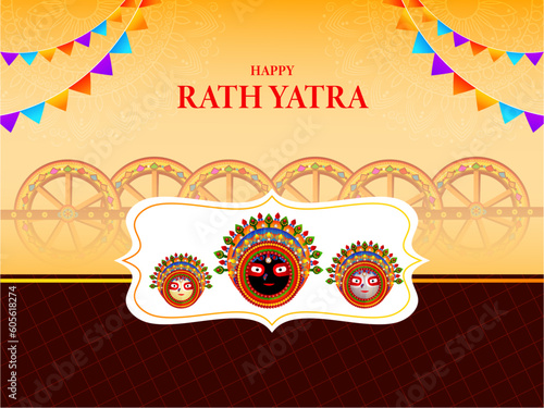 Happy Rath Yatra vector design of indian festival celebration. Lord Jagannath, Balabhadra and Subhadra face vector illustration.