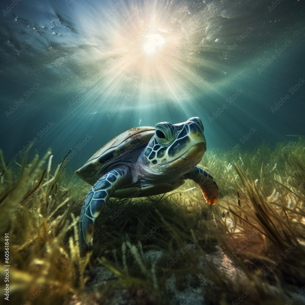 Graceful Sea Turtle Swimming Underwater in the Ocean Photo Art Created ...