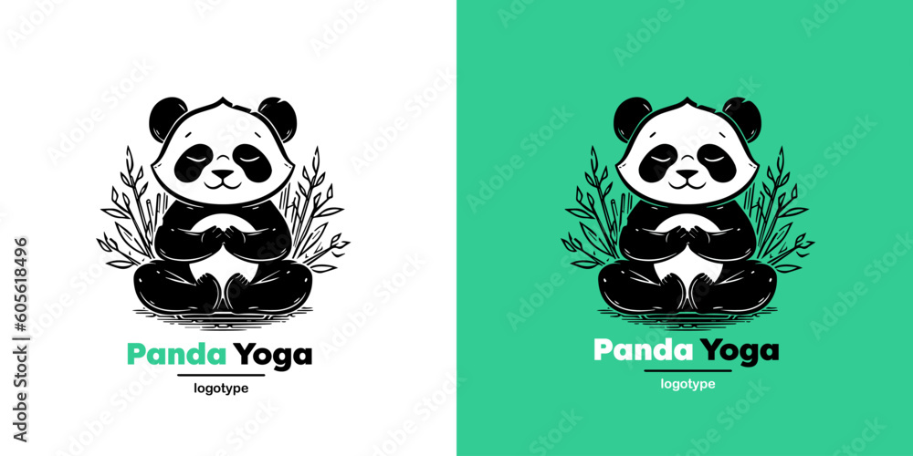 Vector Logo Illustration Panda Simple Mascot of Yoga Style. Logotype mark design template on white and green Vector Logo Illustration Panda Simple Mascot of Yoga Style. Logotype mark design template on white and green